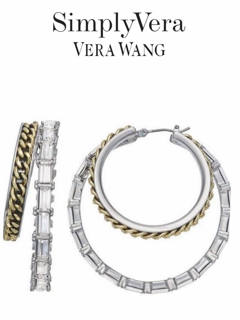 VERA WANG Two-Tone Silver/Gold Clear Crystal Double Hoop Earrings